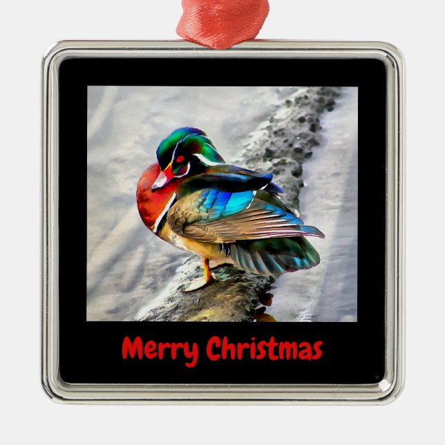 Colourful Wood Duck Merry Christmas Framed Metal Ornament (Front)
