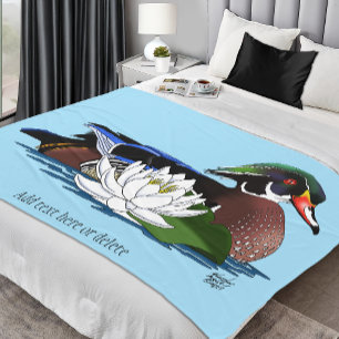 Colourful Wood Duck Water Lily Wildlife Blue Fleece Blanket