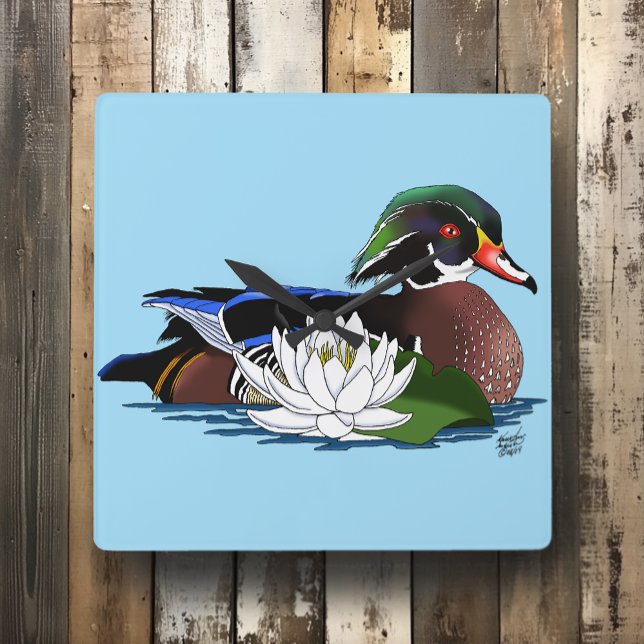 Colourful Wood Duck Water Lily Wildlife Blue Square Wall Clock (Creator Uploaded)