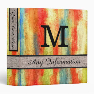 Colourful Wood Grain Monogram Modern Burlap Binder