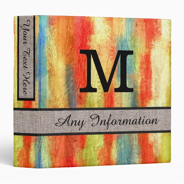Colourful Wood Grain Monogram Modern Burlap Binder (Front/Spine)