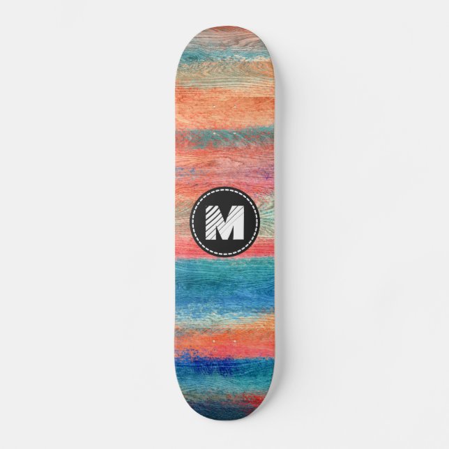Colourful Wood Grain Texture Monogram #2 Skateboard (Front)