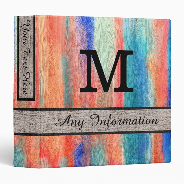Colourful Wood Monogram Modern Burlap Binder (Front/Spine)