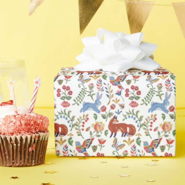 Colourful Woodland Animals, Floral Fox Rabbit Folk Wrapping Paper (Birthday Party)