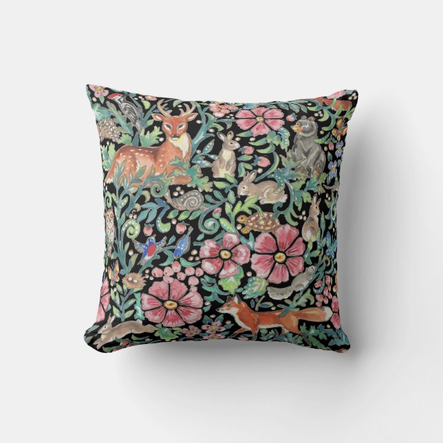 Colourful Woodland Forest Animals Nature  on Black Throw Pillow (Front)