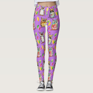 Colourful Woodland Owls and Leaves Watercolor Leggings