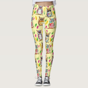 Colourful Woodland Owls and Leaves Watercolor Leggings