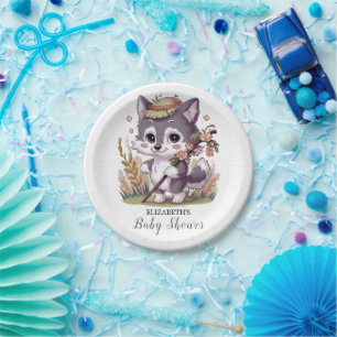 Colourful Woodland Wolf Baby Shower Paper Plate