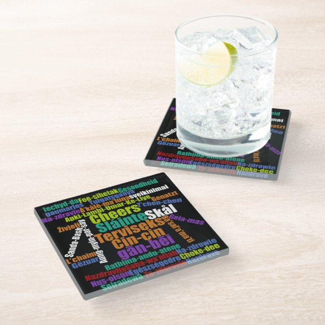 Colourful Word Art Cheers in Many Languages Glass Coaster (Angled)