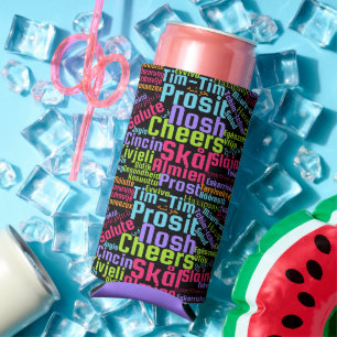 Colourful Word Art Cheers in Many Languages Seltzer Can Cooler