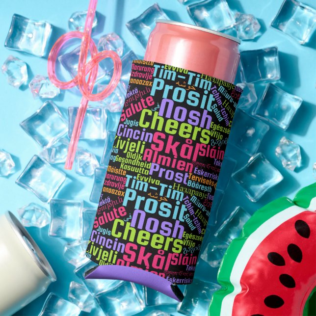 Colourful Word Art Cheers in Many Languages Seltzer Can Cooler (In Situ Summer)