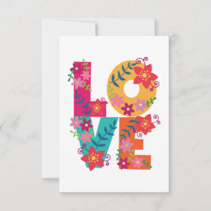 Colourful word love decorated with flowers thank you card