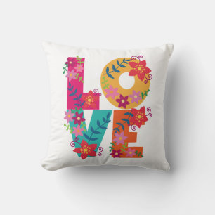 Colourful word love decorated with flowers throw pillow