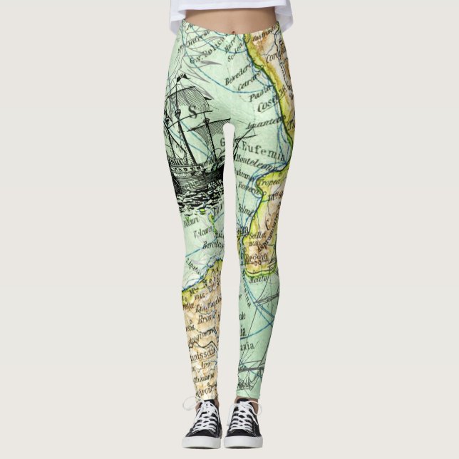 Colourful World Map Pirate Treasure Passport Trave Leggings (Front)