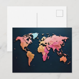 Colourful World Map – Watercolor Travel Art  Postcard