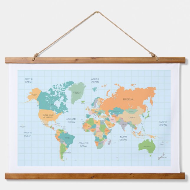 Colourful World Map Wood Topped Wall Tapestry (Front)