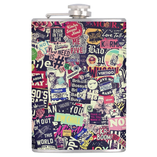 Colourful world of stickers hip flask (Front)