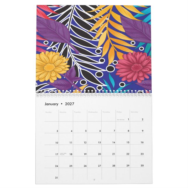 Colourful wrapping paper featuring creative floral calendar (Jan 2027)