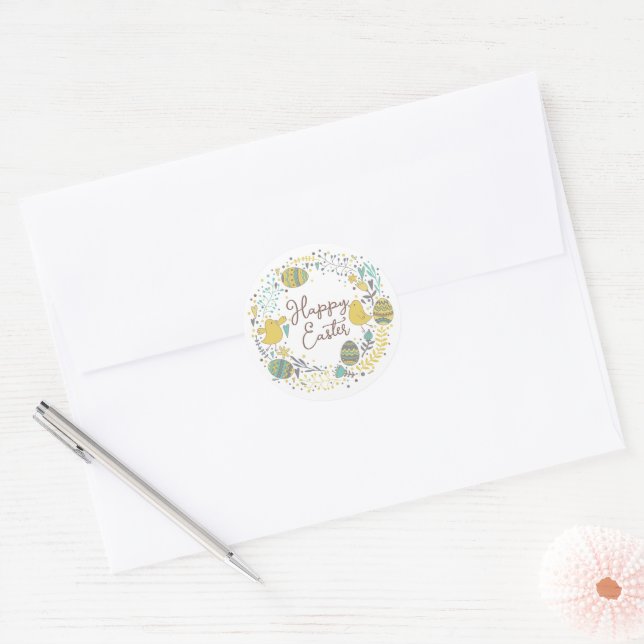 Colourful Wreath of Joyful Chicks Eggs and Greetin Classic Round Sticker (Envelope)