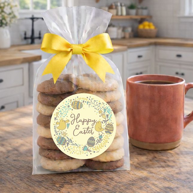 Colourful Wreath of Joyful Chicks Eggs and Greetin Classic Round Sticker (Creator Uploaded)