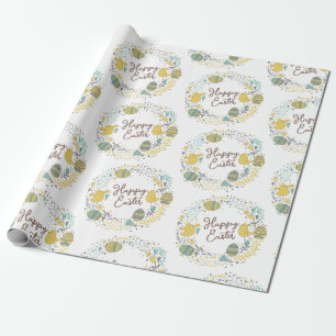 Colourful Wreath of Joyful Chicks Eggs and Greetin Wrapping Paper