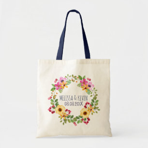 Colourful Wreath Pink Yellow Flowers & Red Berries Tote Bag