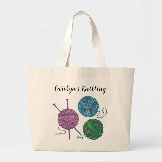 Colourful yarn and knitting needles, personalised large tote bag (Front)