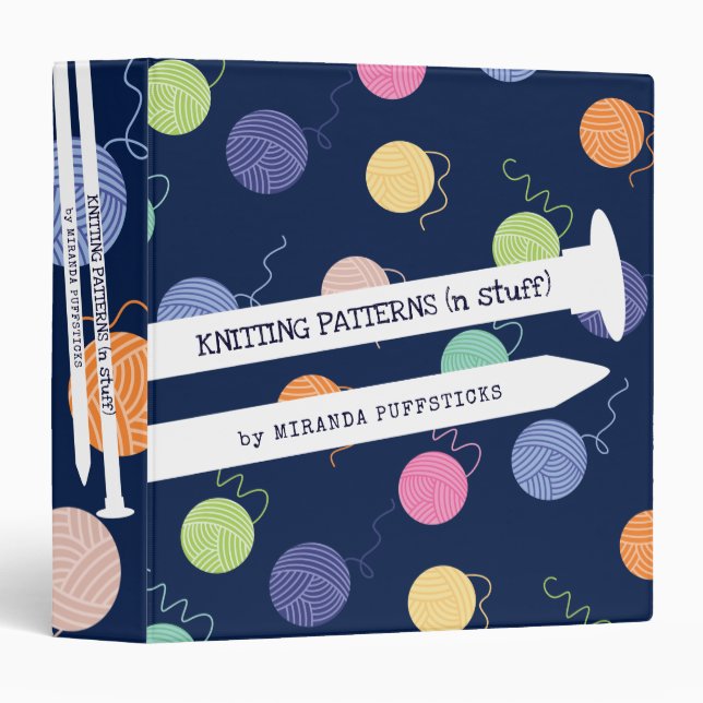 Colourful yarn balls knitting needles personalized binder (Front/Spine)