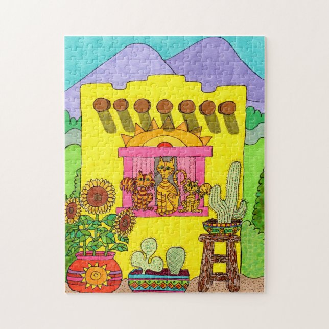 Colourful Yellow Adobe House Cats Desert Drawing Jigsaw Puzzle (Vertical)