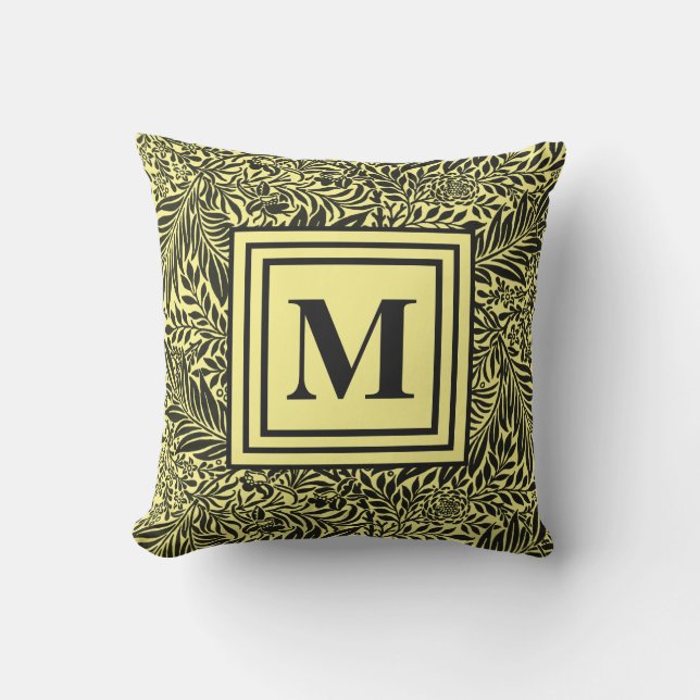 Colourful Yellow and Black Botanical Monogrammed Outdoor Pillow (Front)