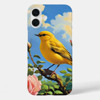Colourful yellow bird and pretty pink roses