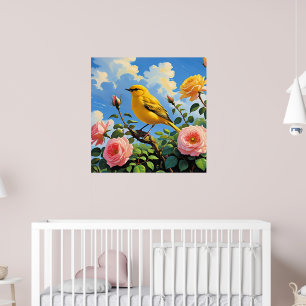 Colourful yellow bird and pretty pink roses poster