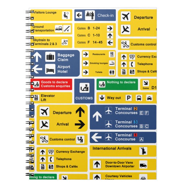 Colourful Yellow Blue Airport Signs Boards Notebook (Front)