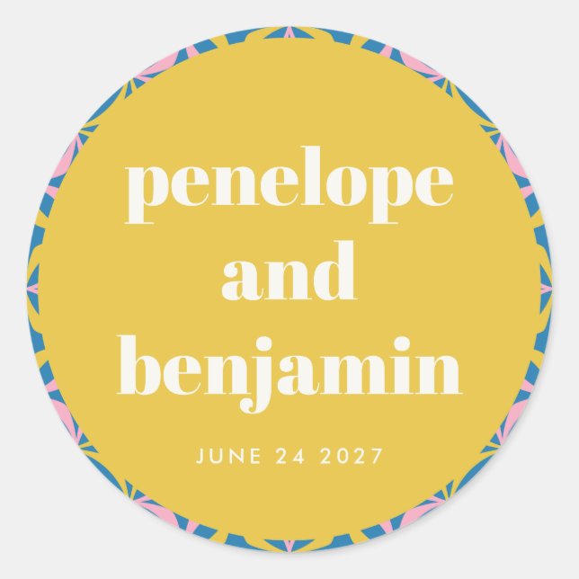 Colourful Yellow Geometric Custom Wedding Names Classic Round Sticker (Front)