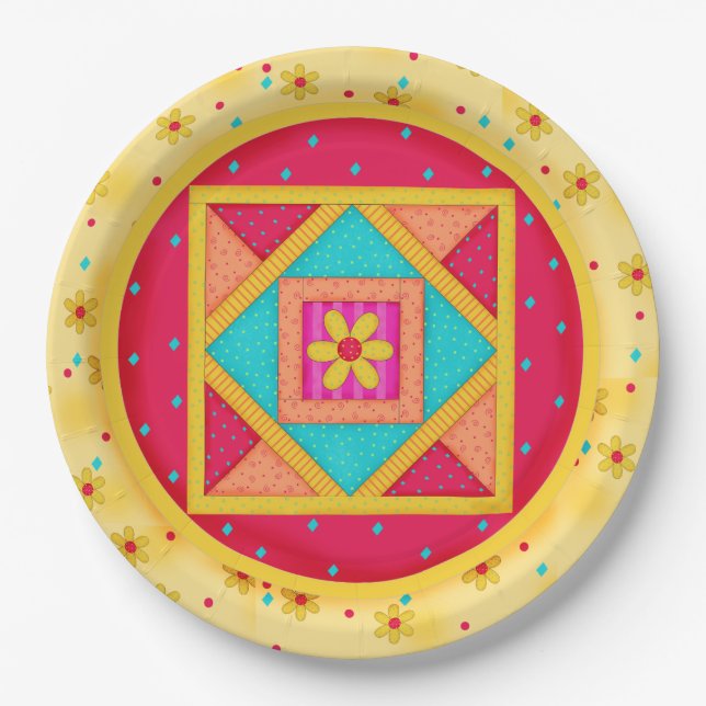 Colourful Yellow Red Quilt Art Design Pattern Paper Plate (Front)