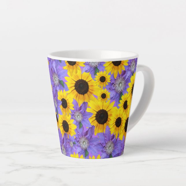 Colourful Yellow Sunflower & Purple Floral Pattern Latte Mug (Right Angle)