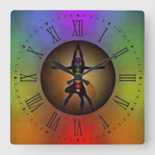 Colourful Yoga Chakras Yin Yang Roman Numerals Square Wall Clock