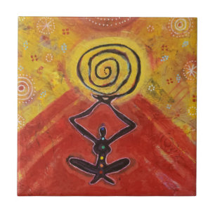 Colourful yoga woman holding spiral energy tile