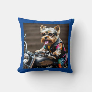 Colourful Yorkie Dog on Motorcycle Throw Pillow