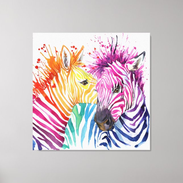 Colourful Zebras Large watercolor Art Canvas Print (Front)