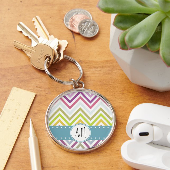 Colourful Zigzag, Rainbow Zigzag, Chevron, Monogra Keychain (Desk)