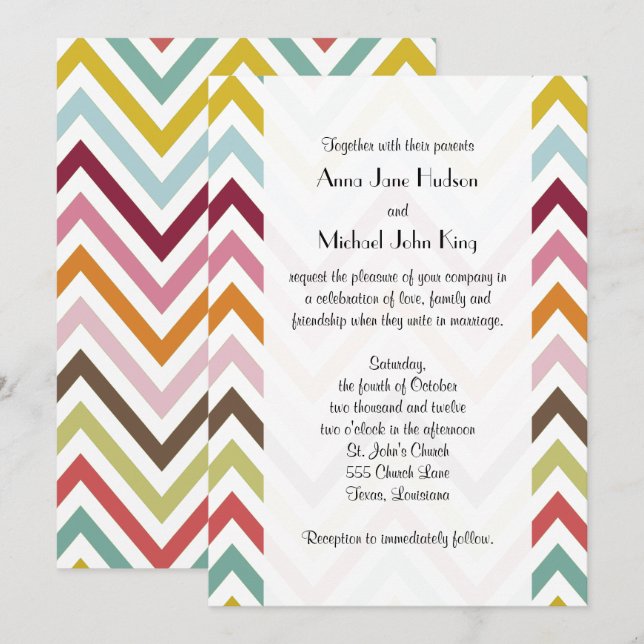 Colourful Zigzag, Rainbow Zigzag, Chevron, Wedding Invitation (Front/Back)