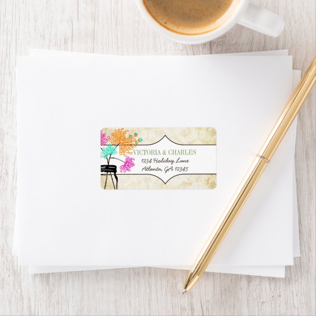 Colourful Zinnia Mason Jar Wild Flower Wedding Label (Insitu)