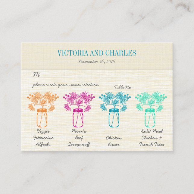 Colourful Zinnia Mason Jar Wild Flower Wedding Place Card (Front)