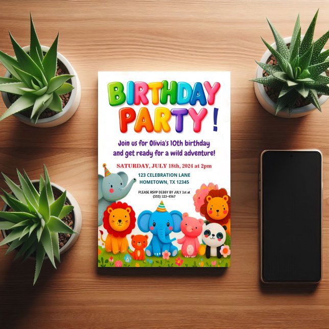 Colourful Zoo Animals Birthday Party Invitation (Creator Uploaded)