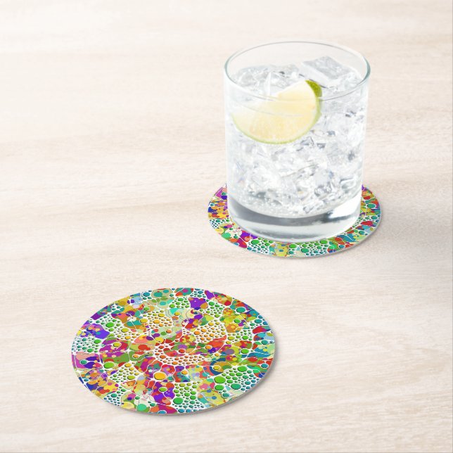 Colourfully Dots Spirals Hand Painting 2 Round Paper Coaster (Insitu)