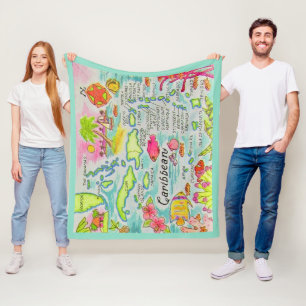 Colourfully Illustrated Caribbean Map Fleece Blanket