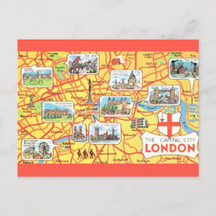 Colourfully Illustrated Map of London England Postcard
