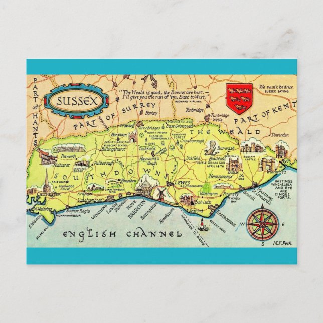 Colourfully Illustrated Map of  Sussex England Postcard (Front)