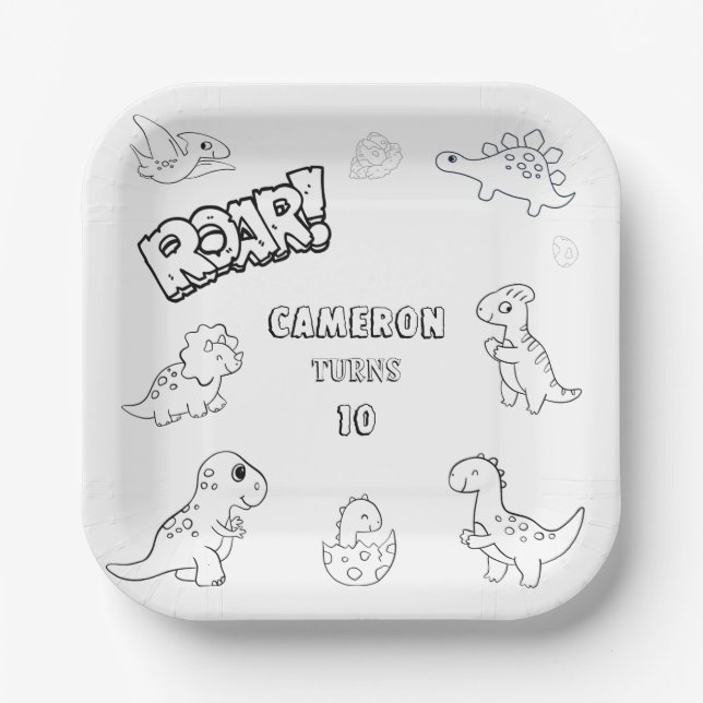 Colouring Activity fun cute Party Dinosaur Square  Paper Plate (Front)